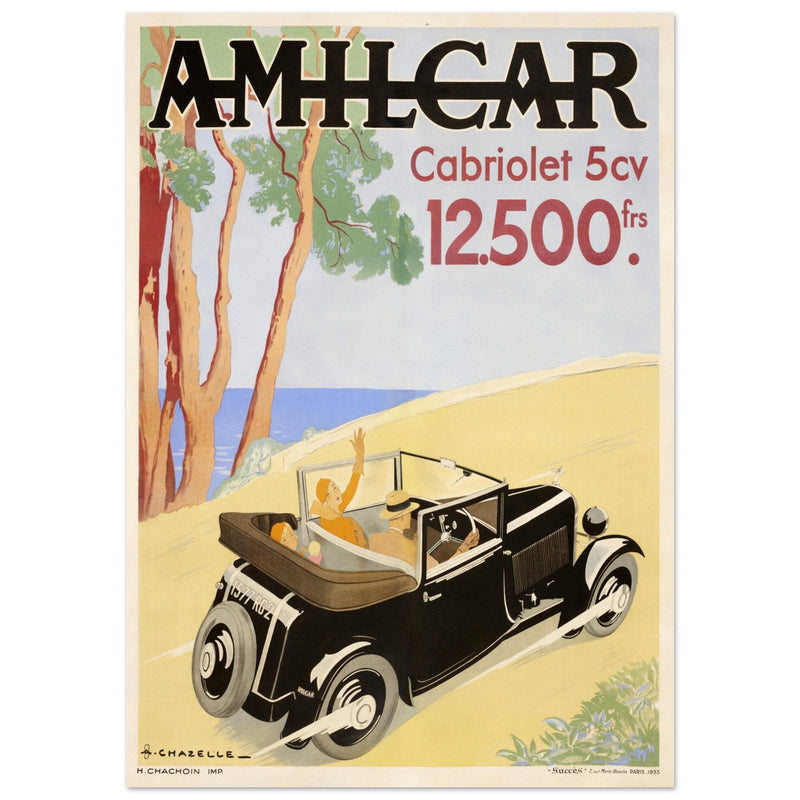 Chazelle advertisng print for Amilcar sports car. Art Nouveau bicycle advertising poster. decoration.