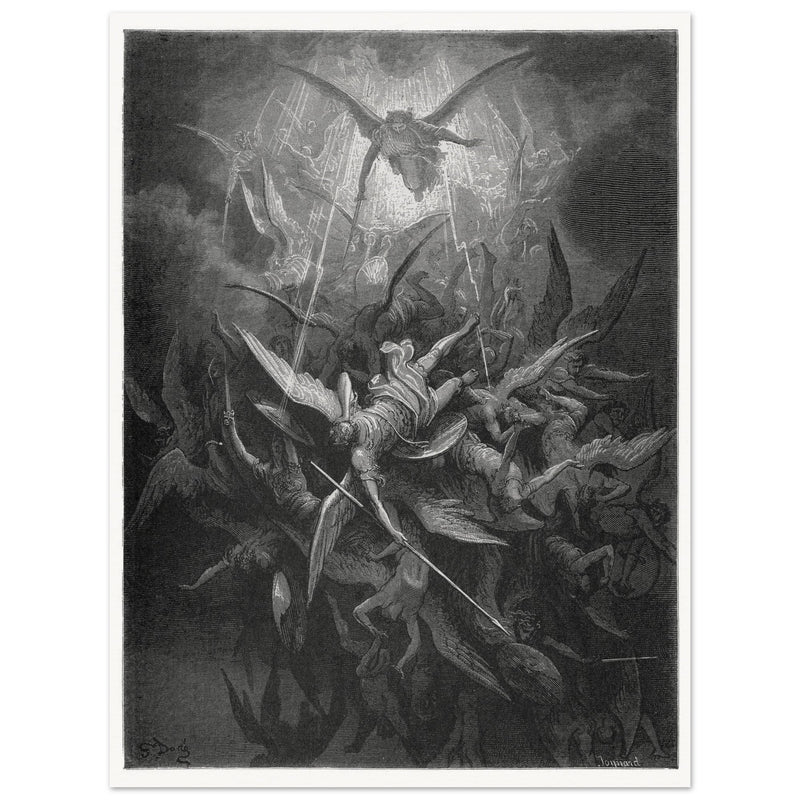 Gustave Dore  Paradise Lost engraving . Dawnfall of Satan with his fallen angels driven out from Heaven .