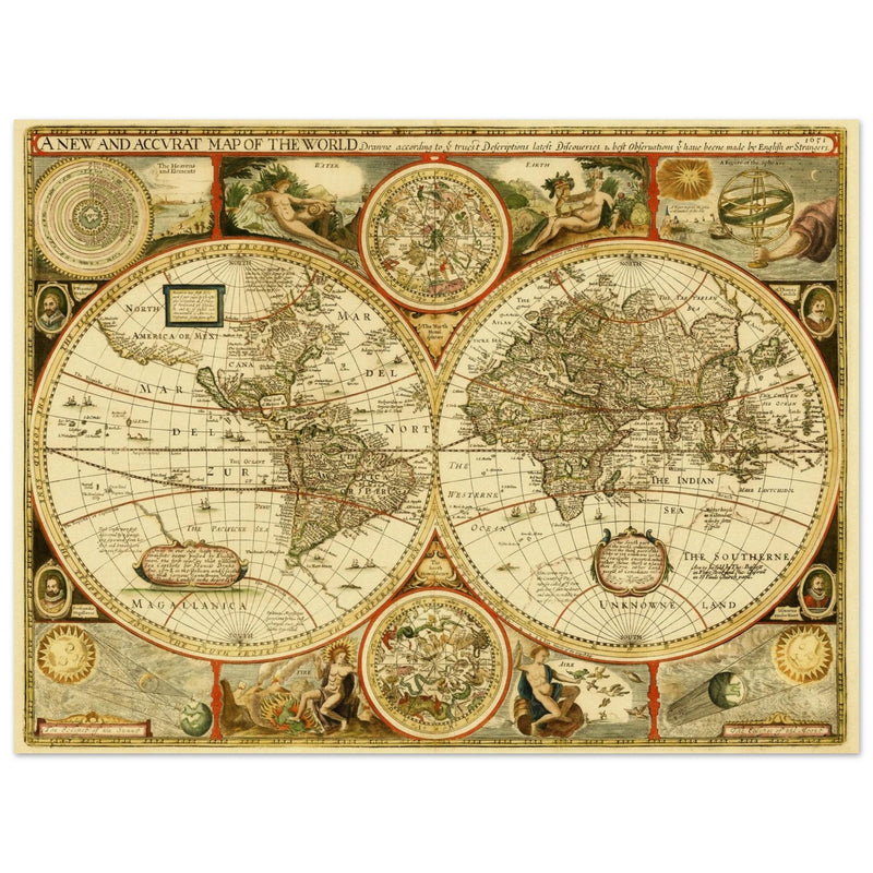 Old World Map of 1651 by John Speed. Vintage Double Hemisphere cartography of the XVII century .