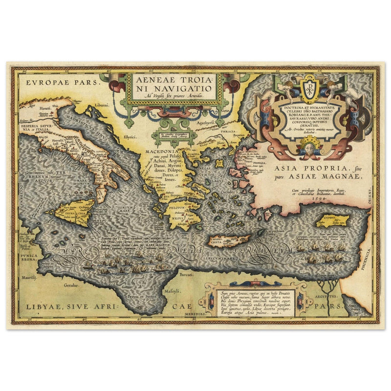 Ancient map of Europe and Asia tracing the sea route to Troy across the Mediterranean sea by Abraham Ortelius