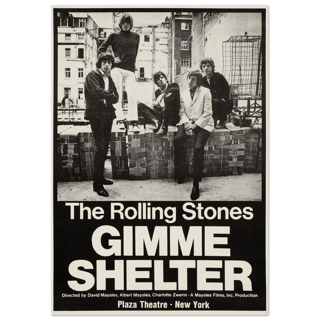 The Rolling Stones music promo poster for Gimme Shelter film at the Plaza Theatre in New York.