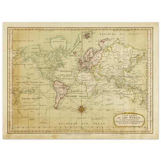Ancient vintage world map Mercator's projection by Samuel Dumm 1794