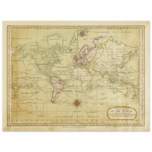 Ancient vintage world map Mercator's projection by Samuel Dumm 1794