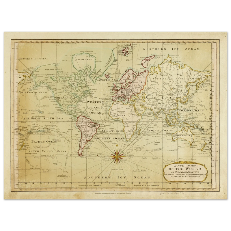 Ancient vintage world map Mercator's projection by Samuel Dumm 1794