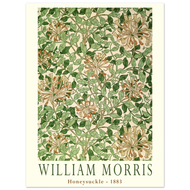 William Morris art print Honeysuckle wallpaper. Vintage flower and leaves poster.
