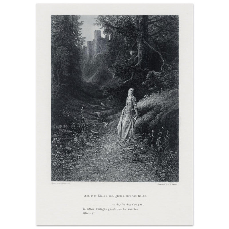 Gustave Dore illustration of King Arthur legend .Elaine on her Road to the Cave of Lancelot. book Idylls of the King by Alfred Tennyson