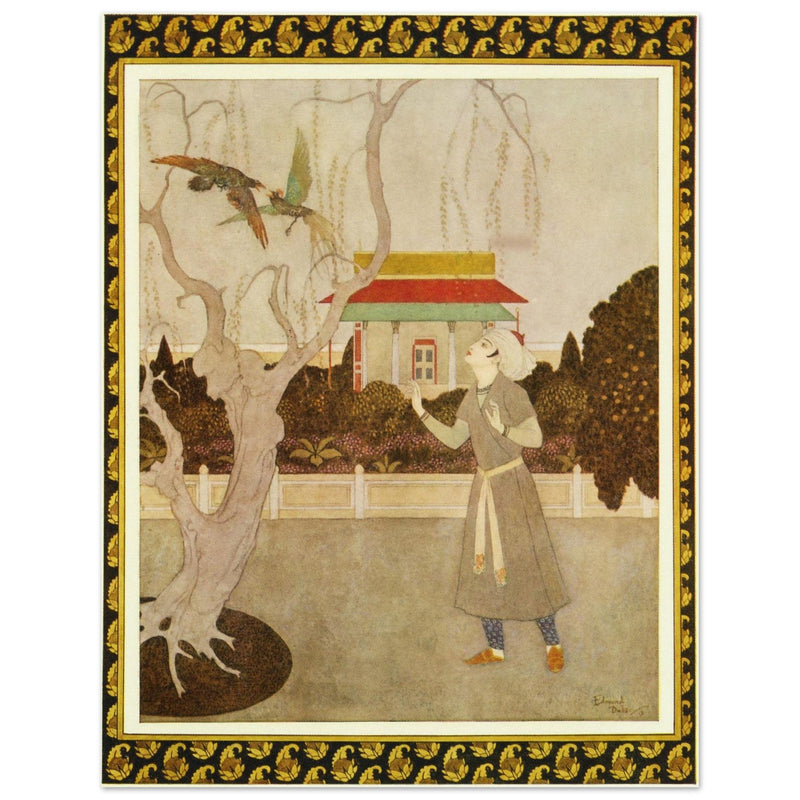 Edmund Dulac and one of his illustration for Princess Badoura fairy tale. Prince Camaralzaman and the Birds.