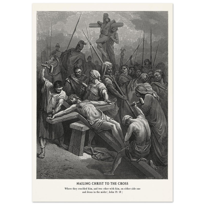 Gustave Dore The Bible engraving print . Nailing Christ to the cross illustration .