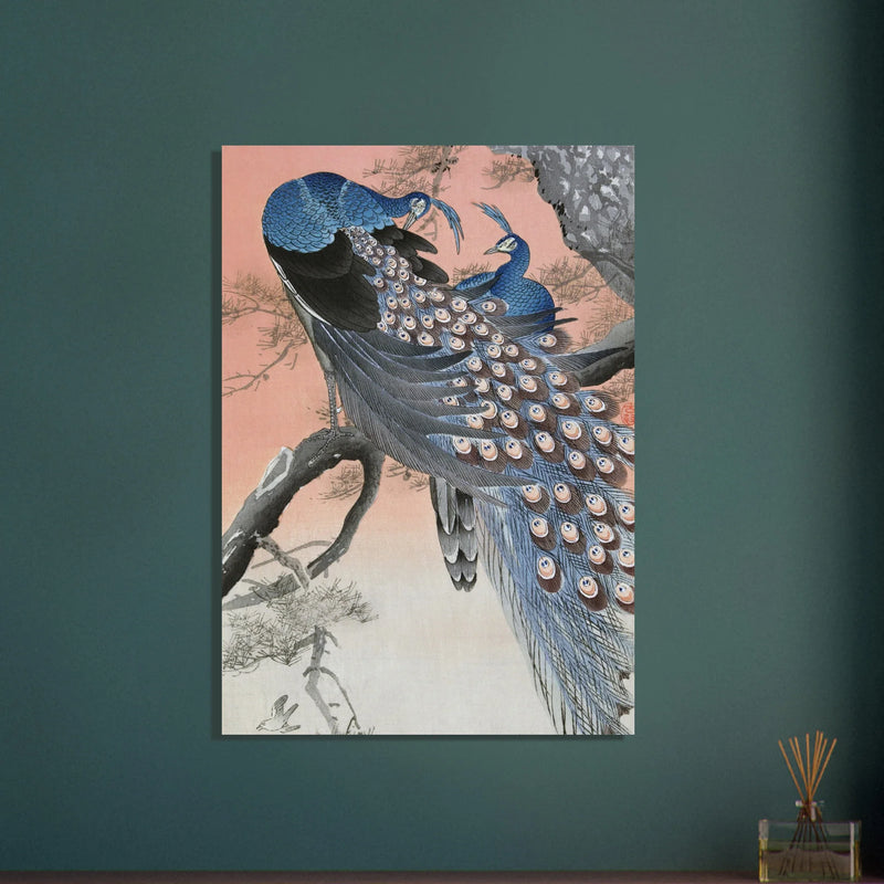 Two peacocks on tree branch by Ohara Koson