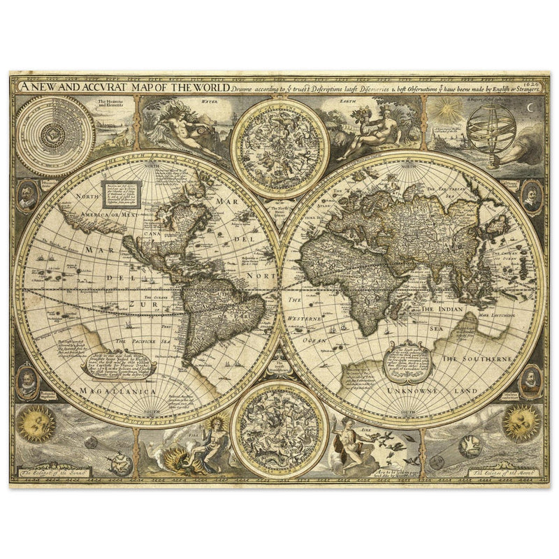 Old World map 1626. John Speed famous double hemisphere cartography with beautiful illustrations.
