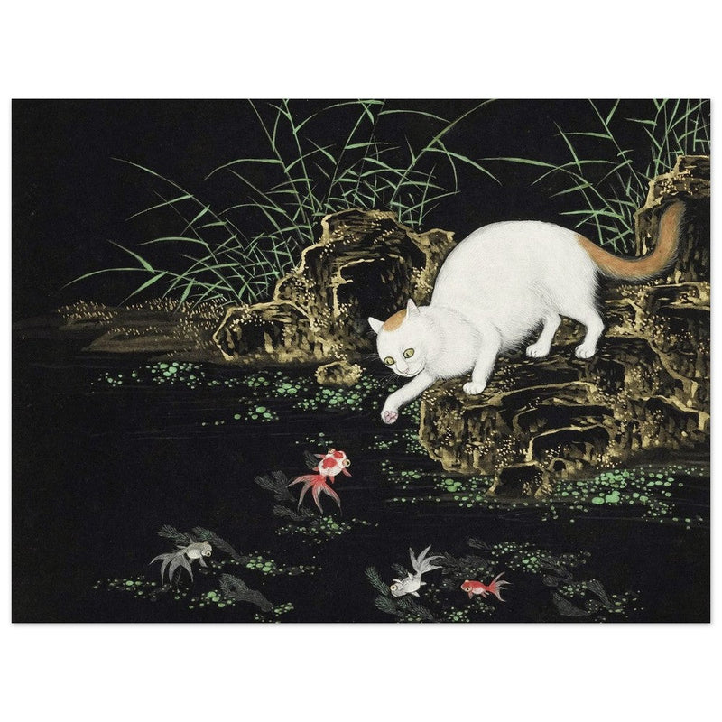 Cats amd fishes in pond. Oriental old painting by Shen Zhenlin.
