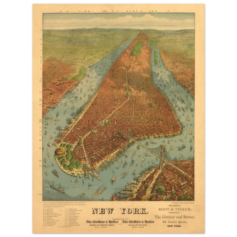 New York City vintage historic aerial view. Antique print  of Manhattan and the Hudson and East river.