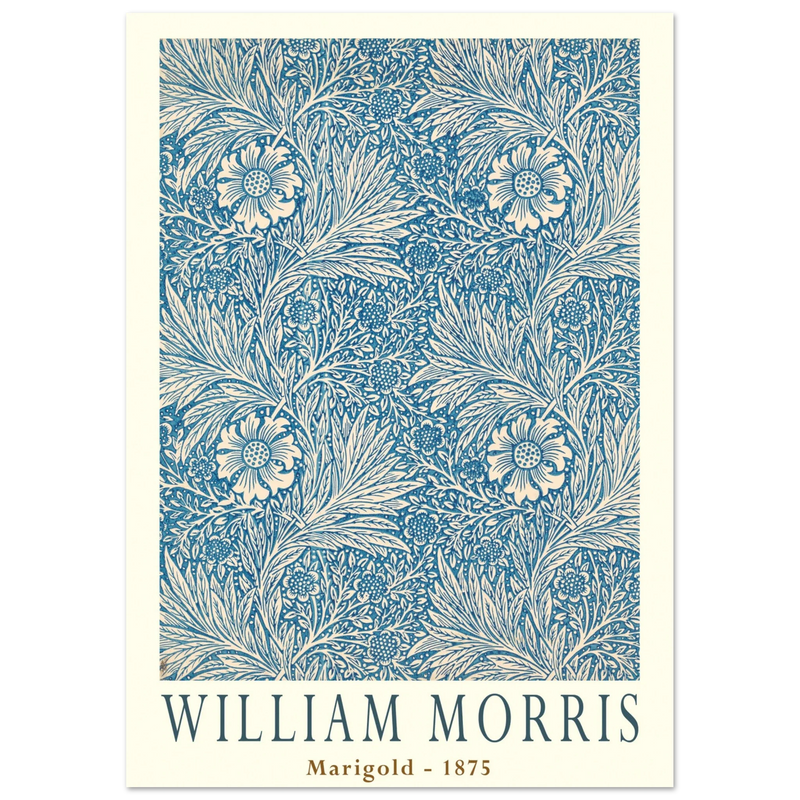 William Morris Marigold art print. Vintage wallpaper reproduction. Blue floral pattern.