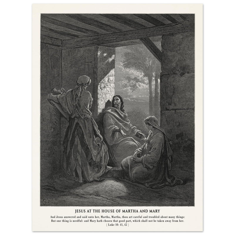 Gustave Dore The Bible engraving print . Jesus at the house of Martha and Mary .