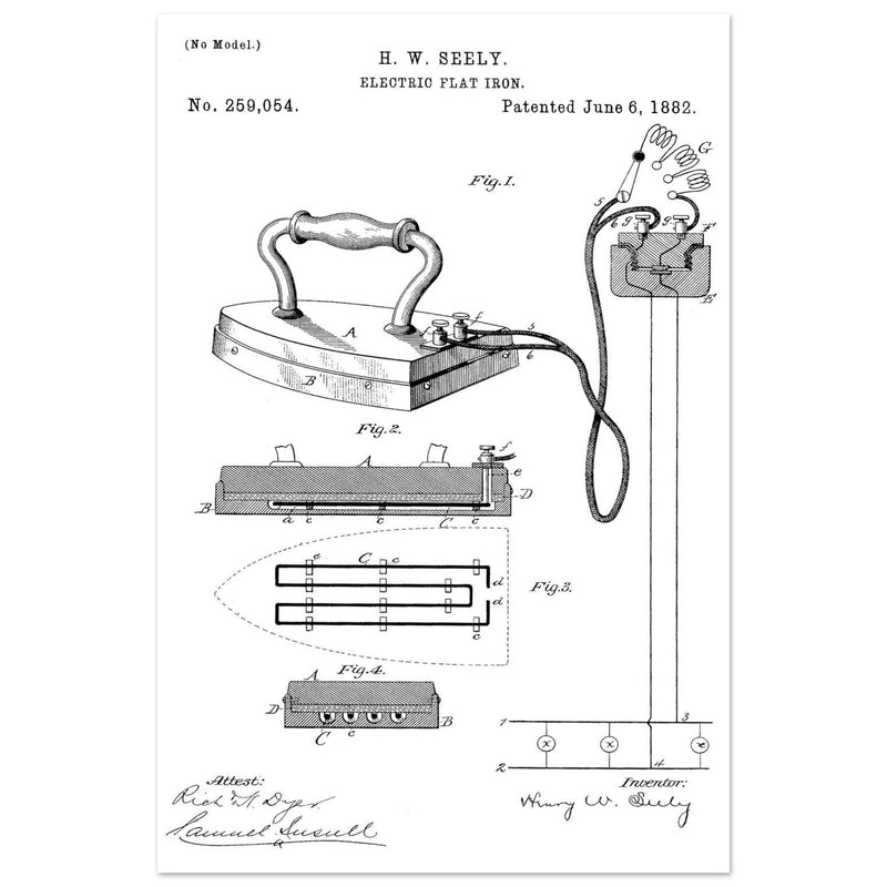 Electric Flat Iron patent by Henry W. Seeley Patent 259.054