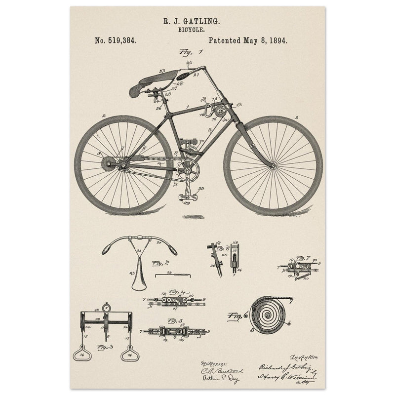 Vintage bicycle patent by Richard J Gatling 1894
