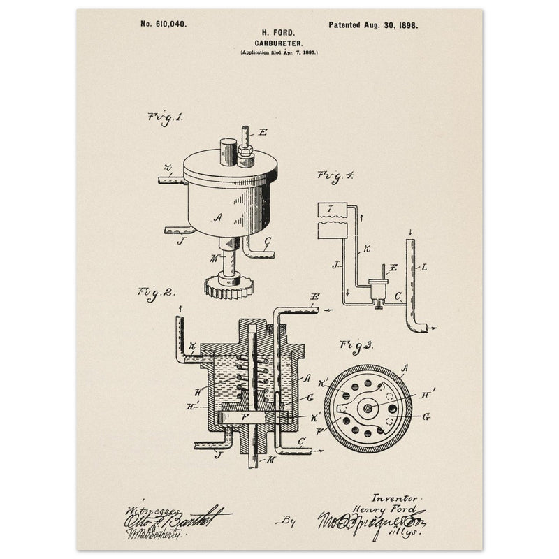 Carbureter vintage patent illustration by John Ford.