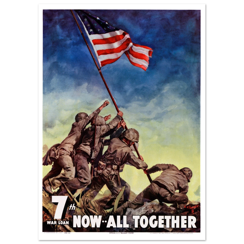 US soldiers rising american flag on mount Iwo Jima. World War 2 vintage poster