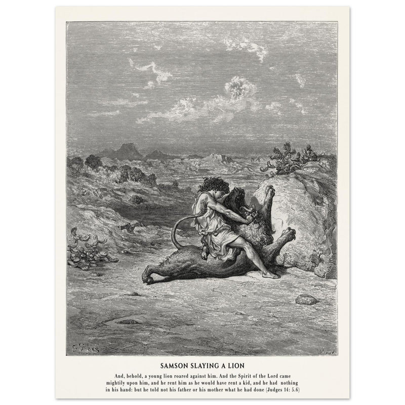 Gustave Dore The Bible engraving print . Samson slaying a lion illustration .