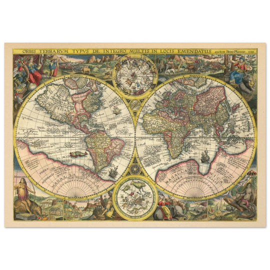 1594 Ancient world map. Orbis Terrarum by Petrus Plancius. Vintage old double hemisphere world map.