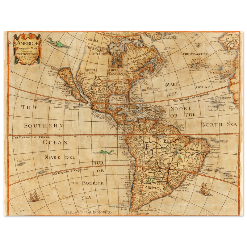 Ancient map of America. "Americae Descriptio Nova" by Philip Chetwind