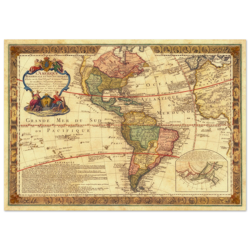 Ancient map of America. Old antique american map of the XVIII Century.  and poster