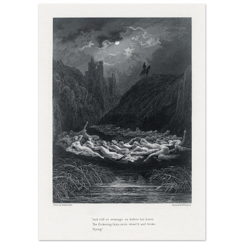Gustave Dore illustration of King Arthur legend . The Fairy Circle. From the book Idylls of the King by Alfred Tennyson.