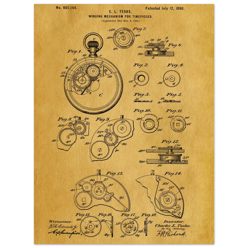 Winding Mechanism for Time Pieces, vintage clock patent .