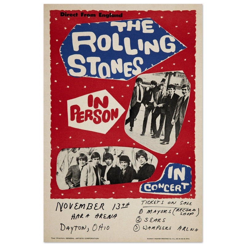 Rolling Stones music concert poster. Performance in Dayton Ohio USA 1964 .
