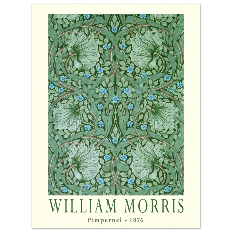 William Morris Pimpernel 1876. Green leaves and flowers wintage wallpaper art print.
