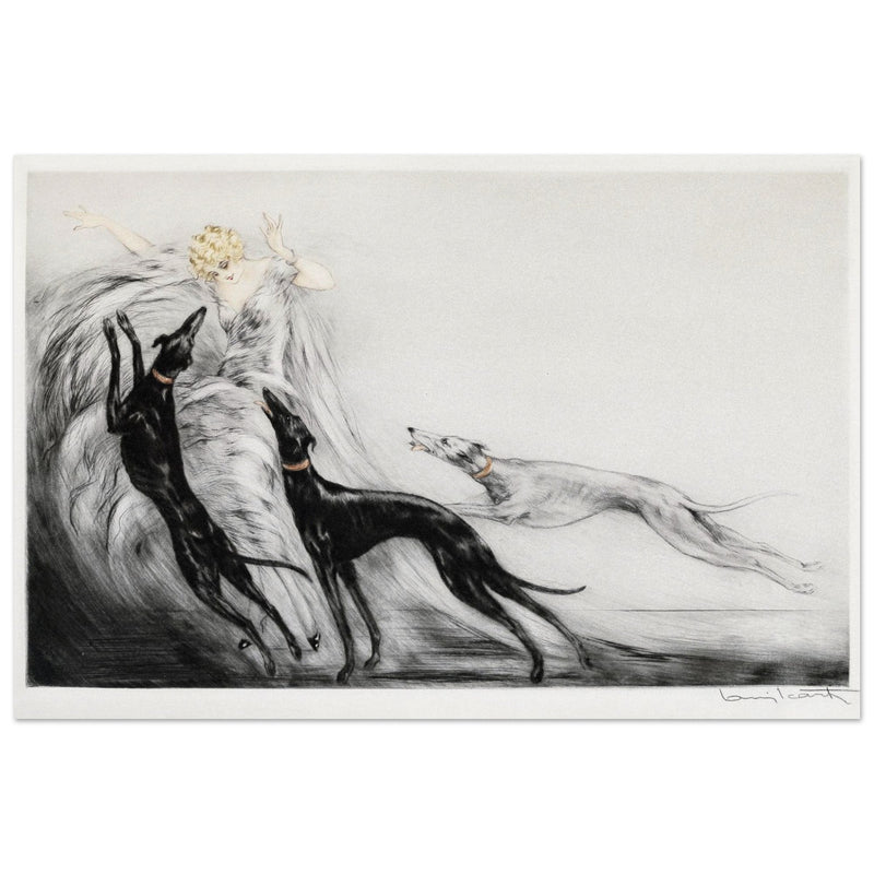 Louis Icart Coursing II - Young Woman with Greyhounds