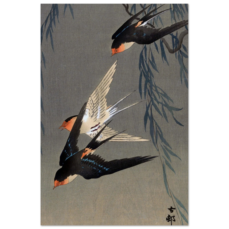 Ohara Koson Three red-rumped swallows in a dive