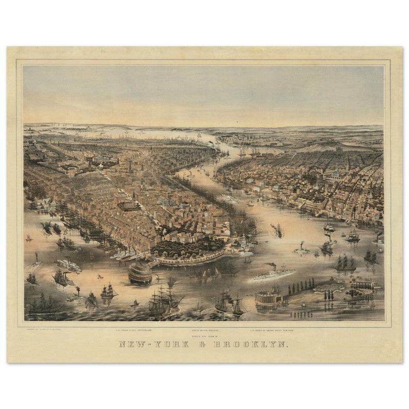 New York City aerial view. 1852 Vintage antique map reproduction.