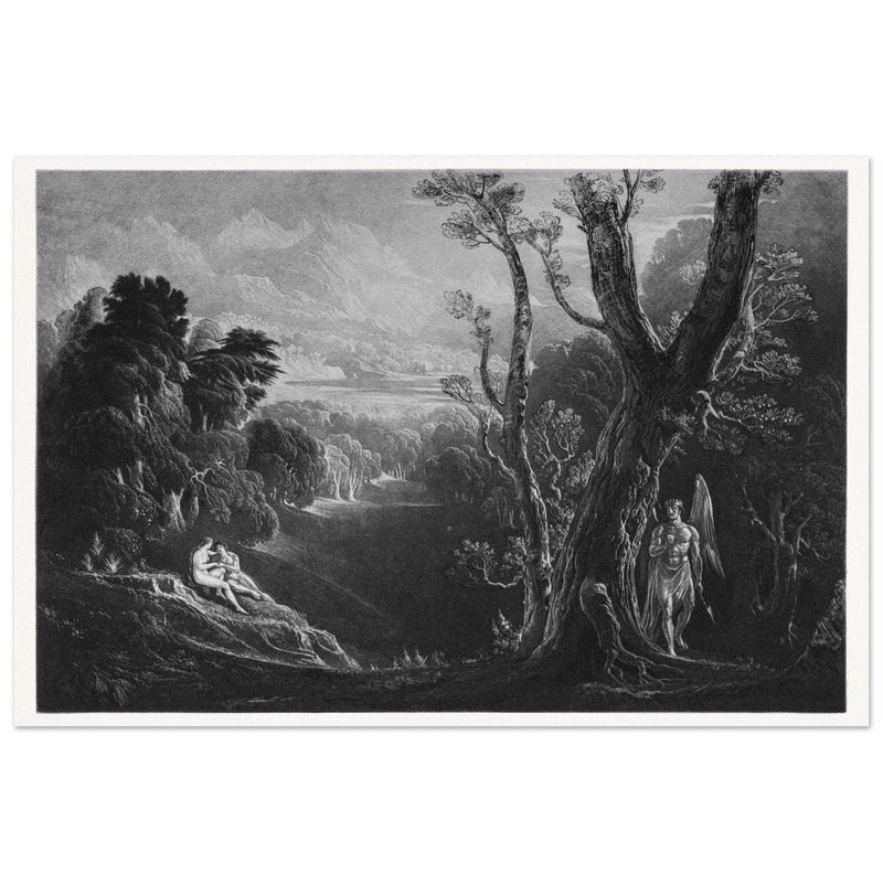 John Martin mezzotint engraving . Satan Contemplating Adam and Eve in Paradise. Paradise Lost by Milton.