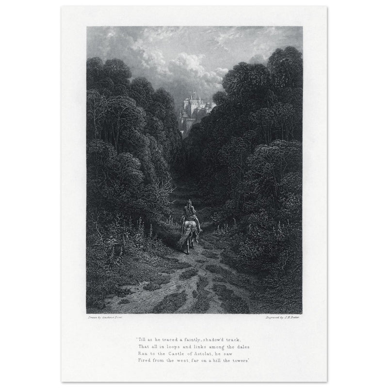 Gustave Dore illustration of King Arthur legend .Lancelot approaching the Castle of Astolat, Idylls of the King by Alfred Tennyson.
