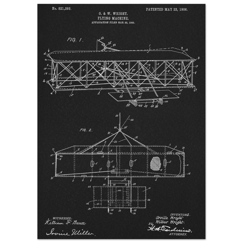 Flying machine patent 1906 by the Wright brothers. Vintage airplane.