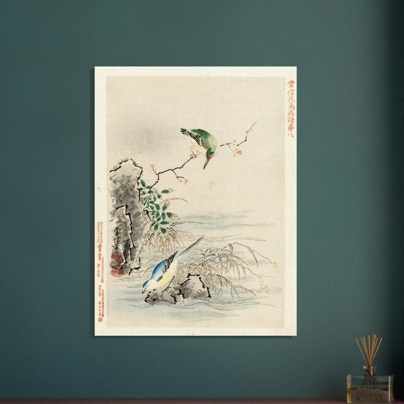 Kingfisher looking at bird near water by Kano Tsunenobu, 1893 .