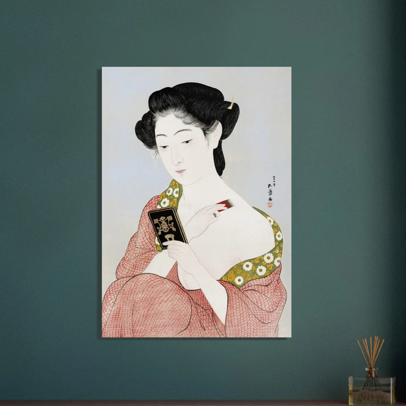 Hashiguchi Goyo woodblock print Make up Japanese woman applying make up and looking at her mirror
