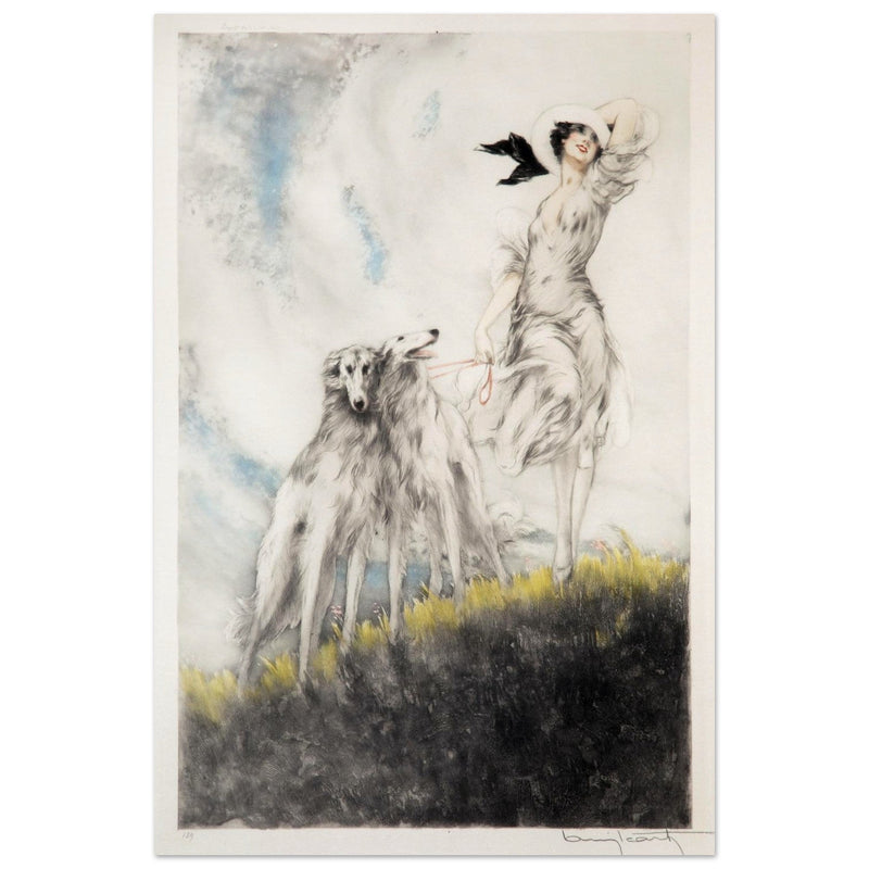 Louis Icart’s Joy of Life (1929) Woman with greyhound dogs.