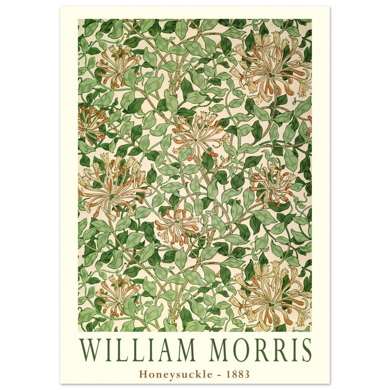 William Morris art print Honeysuckle wallpaper. Vintage flower and leaves poster.