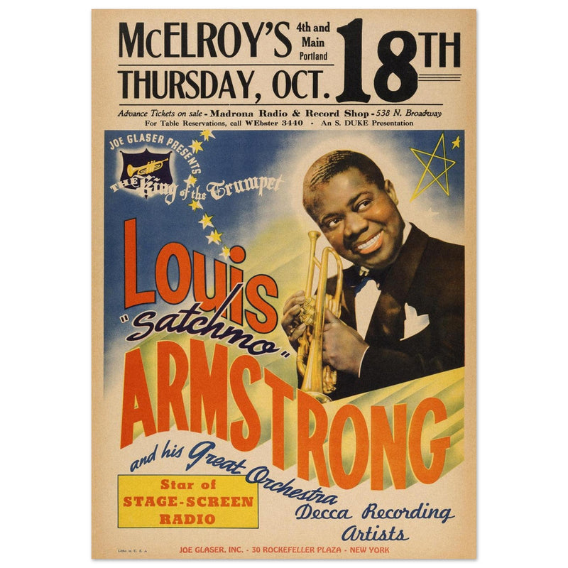 Louis Armstrong vintage concert poster . Performance in Portland 1945.