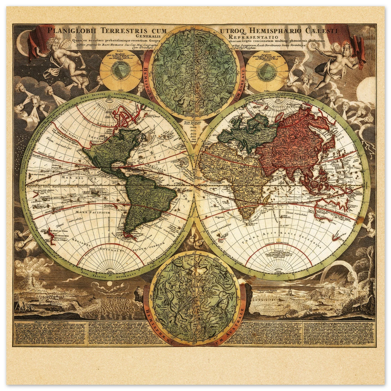 Ancient world map print. Vintage poster reproduction of world globe. Double hemisphere print