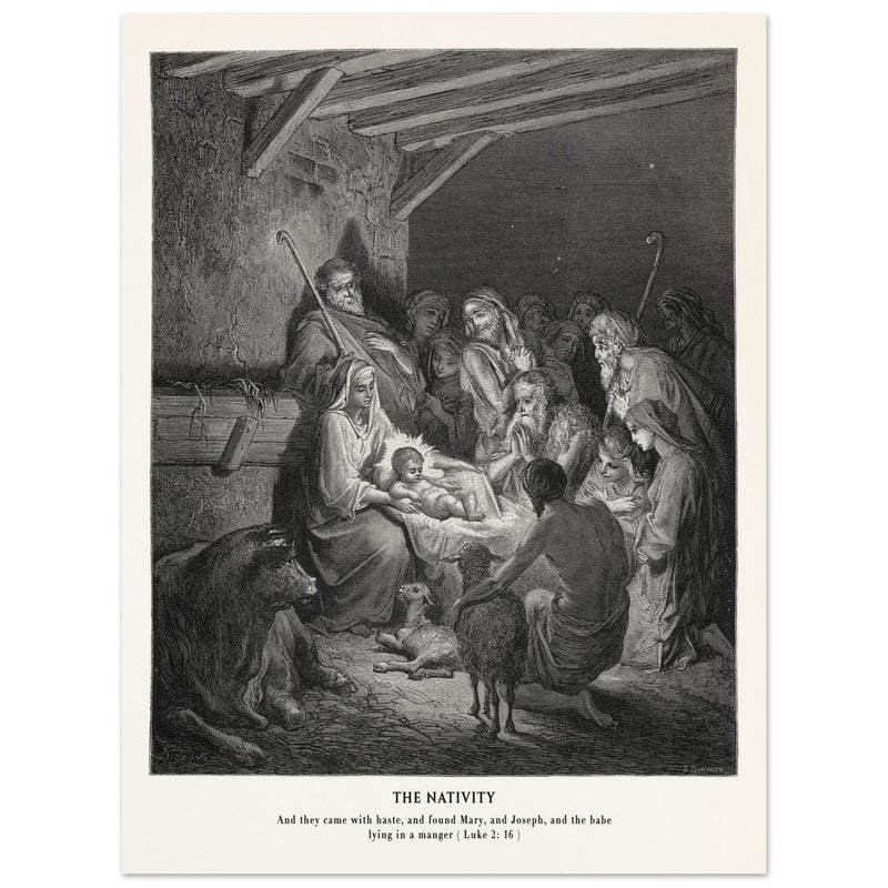 Gustave Dore The Bible engraving print . The Nativity illustration . The birth of Jesus Christ in Bethlehem