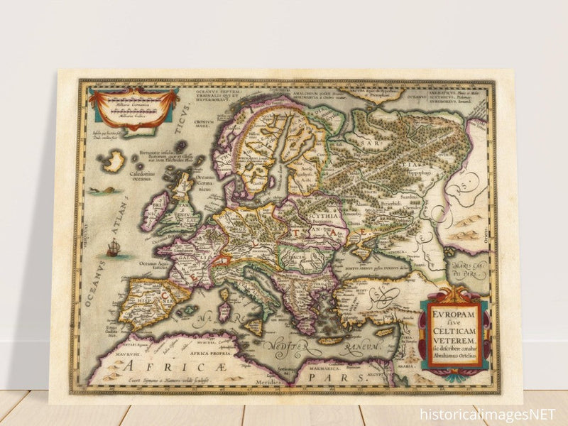 Ancient map of Europe and the Celts. Europam sive Celticam veterem by Abraham Ortelius.