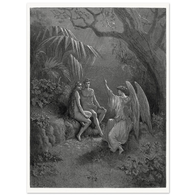 Gustave Dore Paradise Lost engraving . Archangel Rapahel with Adam and Eve in Eden.