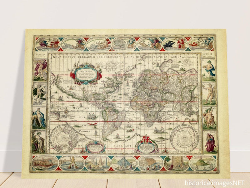 Ancient old world map 1638. Noua totius terrarum orbis geographica ac hydrographica tabula by Willem Janszoon Blaeu