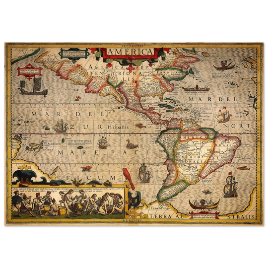 America old map print. Poster reproduction of the american continent year 1630 by Hendrik Hondius
