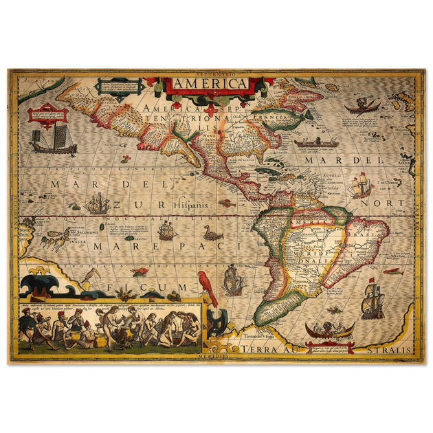America old map print. Poster reproduction of the american continent year 1630 by Hendrik Hondius