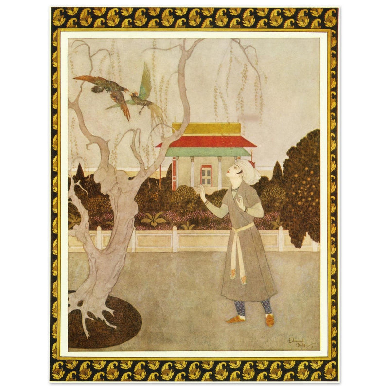 Edmund Dulac and one of his illustration for Princess Badoura fairy tale. Prince Camaralzaman and the Birds.