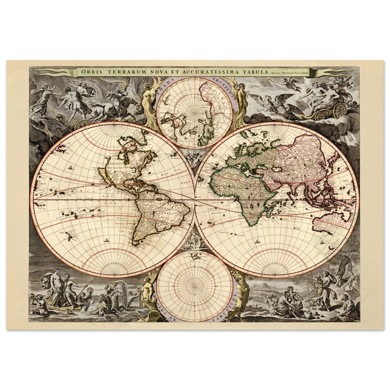Antique world map print reproduction of the XVII Century. Orbis terrarum nova by Nicolaes Visscher II